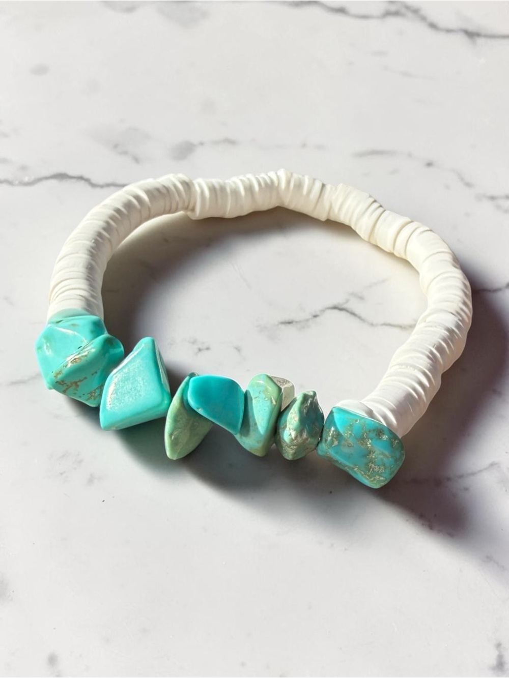Handmade Turquoise Nugget‎ Heishi Bead Bracelet Coastal Boho Stretch Stackable